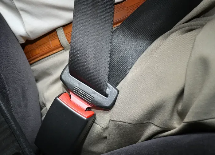 Seat belt fastened across an occupant, showing the lap section and buckle engagement